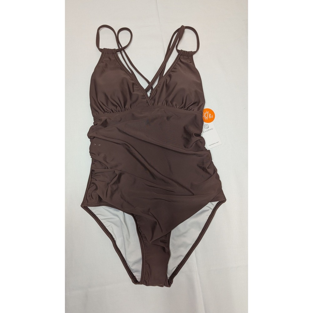 CHARMO NWT Small Brown One Piece Swimsuit Ruched Tummy Control UPF 50+